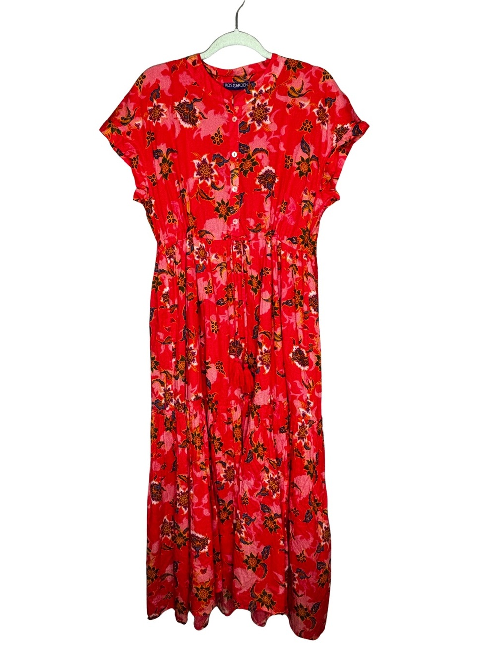 Vibrant Red Floral Maxi Dress with Button-Front